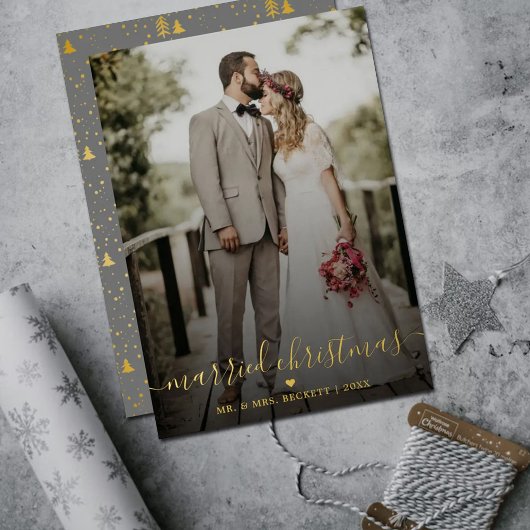 結婚したChristmas Newlyweds写真実在 箔シーズンカード