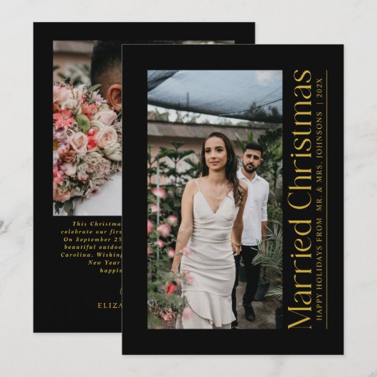 結婚したChristmas Photo Newlywedsブラック&金ゴールド シーズンカード (正面/裏面)
