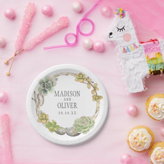 結婚しているSucculents、小枝および石のリース| ペーパープレート (パーティー)