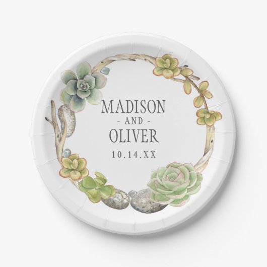 結婚しているSucculents、小枝および石のリース| ペーパープレート (正面)