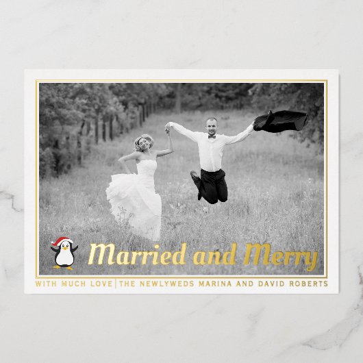 結婚してクリスマスおめでとう 写真入りゴールド 箔シーズンカード (正面)