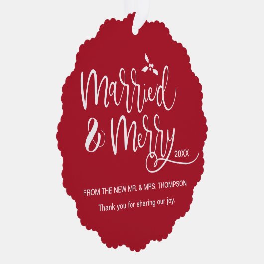 結婚してメリーウェディング写真赤ありがとう オーナメントカード (右)