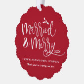 結婚してメリーウェディング写真赤ありがとう オーナメントカード (左)