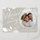 結婚して幸せなカリグラフィーボヘミアブラウン1枚の写真 箔シーズンカード (正面)