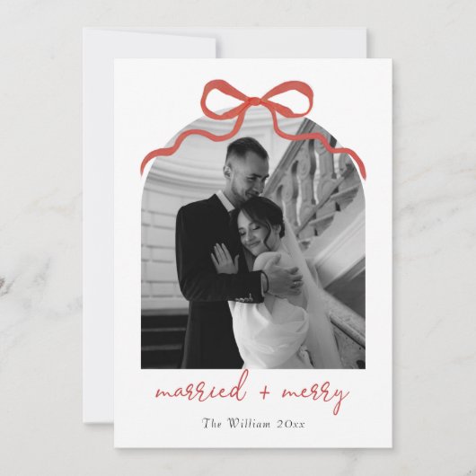 結婚して幸せなクリスマスのお辞儀アーチ写真 シーズンカード (正面)