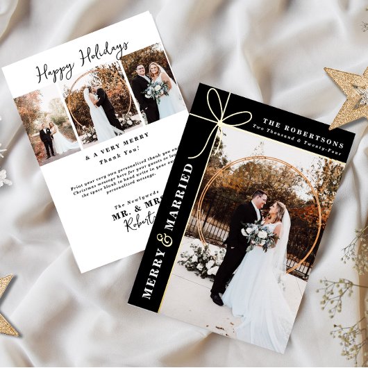 結婚して幸せな二人が挙式を失敗したクリスマスお礼カード 箔シーズンカード