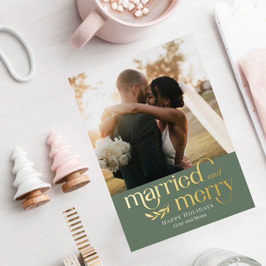 結婚して幸せな二人の新婚写真 ホリデーカード 箔シーズンカード