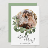 結婚して幸せな写真 緑のリース クリスマス1周年 シーズンカード (正面/裏面)