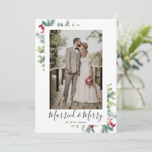 結婚して幸せな新婚のホリデー写真カード シーズンカード (スタンド正面)