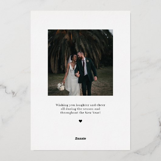 結婚して幸せな新婚カップルの写真を使ったホリデーカード 箔シーズンカード (裏面)