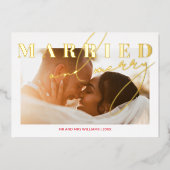 結婚して幸せな新婚写真クリスマスゴールド 箔シーズンカード (正面)