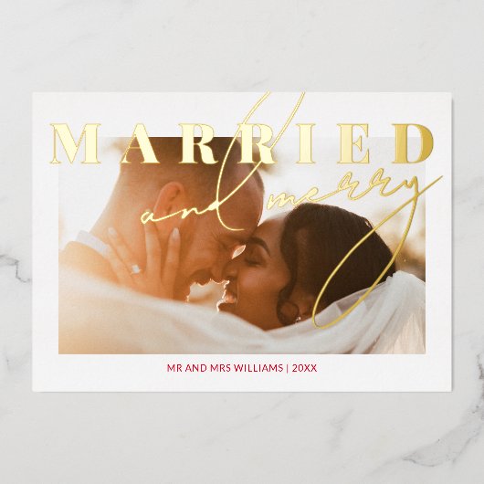 結婚して幸せな新婚写真 クリスマス ゴールド 箔シーズンカード (正面)