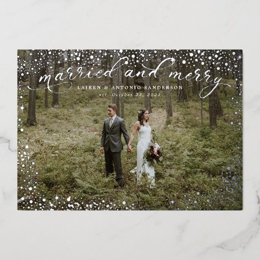 結婚して幸せな新婚生活とウェディング 箔シーズンカード (正面)