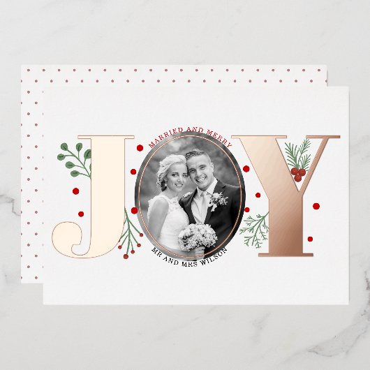 結婚して楽しい JOY クリスマスの写真 ローズゴールド 箔シーズンカード (正面/裏面)