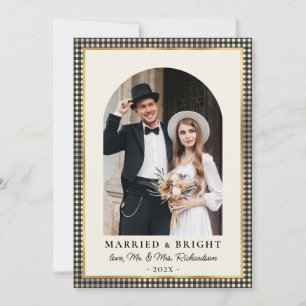 結婚して輝くアーチフォト ブラックゴールドチェック シーズンカード