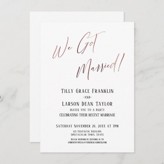 結婚しました!シンプルなローズゴールドエレガントウェディングカード 招待状 (正面/裏面)