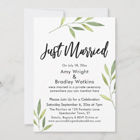 結婚しました タイポグラフィー グリーン ウォーターカラー 葉 招待状 (正面)