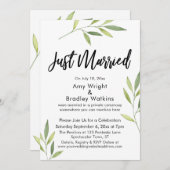結婚しました タイポグラフィー グリーン ウォーターカラー 葉 招待状 (正面/裏面)