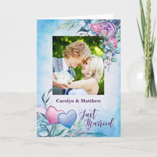 結婚しました フォト アナウンス パープルとブルー 案内状 (正面)