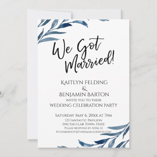 「結婚しました!」ブルーリーフの受付のみのカード 招待状 (正面)