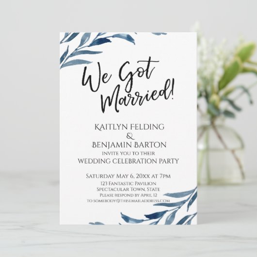 「結婚しました!」ブルーリーフの受付のみのカード 招待状 (スタンド正面)