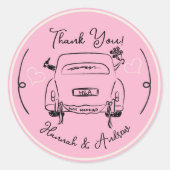 結婚しました 手描きの新婦新郎と車 サンクス ラウンドシール (正面)