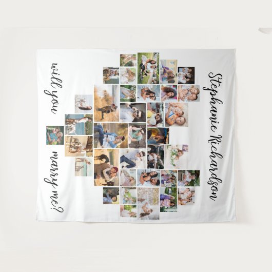 結婚するハート写真コラージュの背景 タペストリー (正面(横))