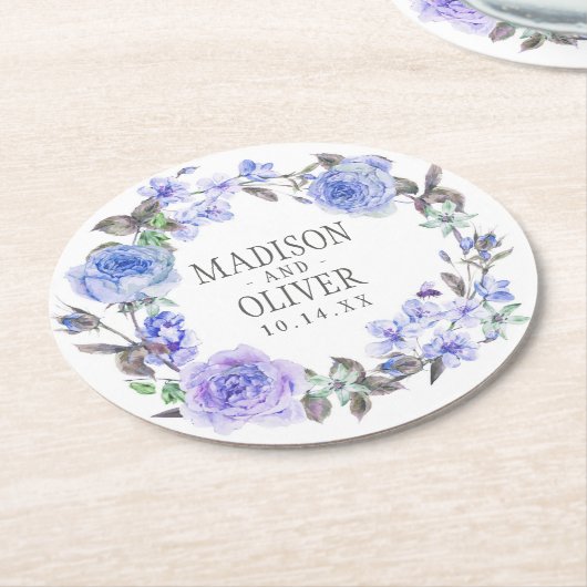 結婚するパステル調の紫色の水彩画の花柄| ラウンドペーパーコースター (アングル)