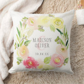 結婚するピンクおよび黄色い水彩画の花のリース| クッション (ブランケット)