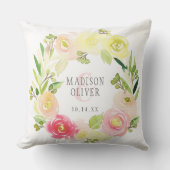結婚するピンクおよび黄色い水彩画の花のリース| クッション (正面)