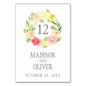 結婚するピンクおよび黄色い水彩画の花のリース| テーブルナンバー (裏面)