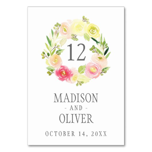 結婚するピンクおよび黄色い水彩画の花のリース| テーブルナンバー (正面)