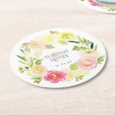 結婚するピンクおよび黄色い水彩画の花のリース| ラウンドペーパーコースター (アングル)