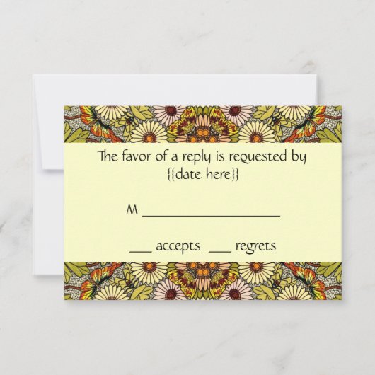 結婚するヴィンテージによって庭は花の蝶が開花します 出欠カード (正面)