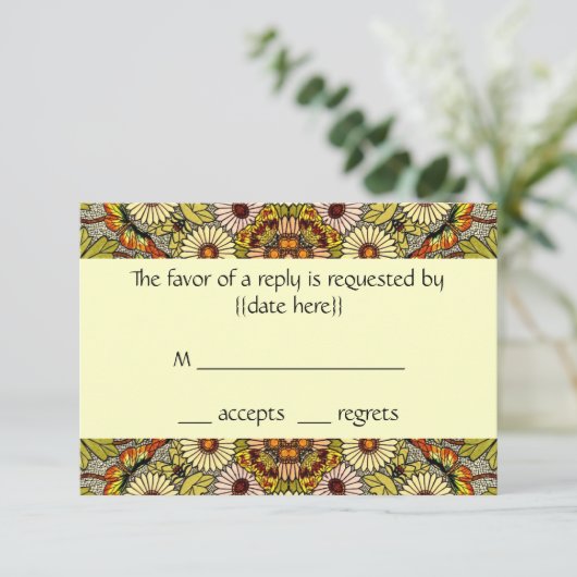 結婚するヴィンテージによって庭は花の蝶が開花します 出欠カード (スタンド正面)