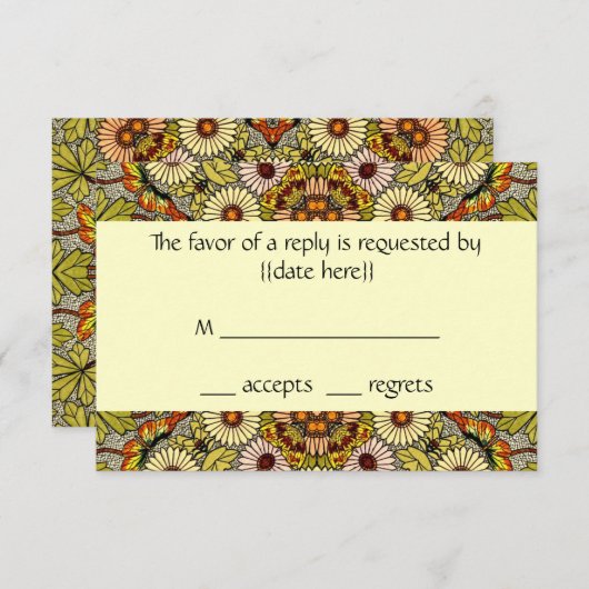 結婚するヴィンテージによって庭は花の蝶が開花します 出欠カード (正面/裏面)