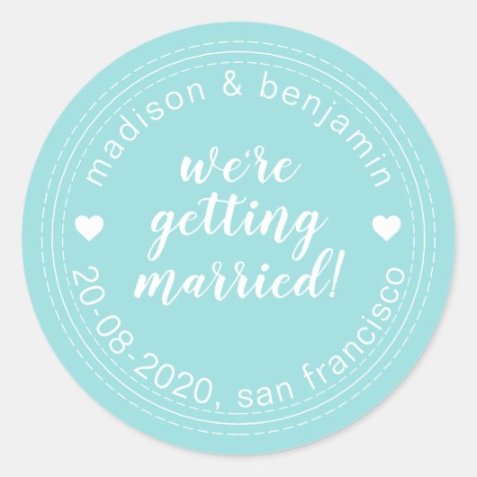 結婚する日付を保存するターコイズ青 ラウンドシール (正面)