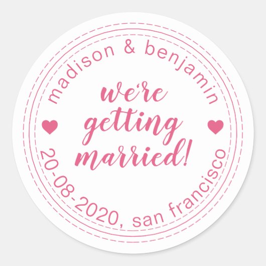 結婚する日付を保存するホットピンク ラウンドシール (正面)