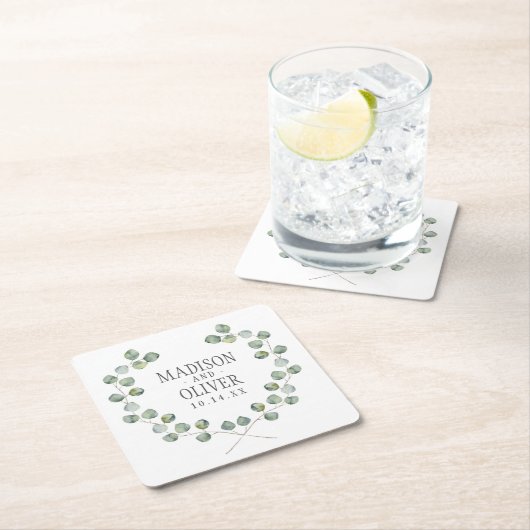 結婚する水彩画のユーカリの葉フレーム| スクエアペーパーコースター (インサイチュ)