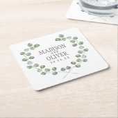 結婚する水彩画のユーカリの葉フレーム| スクエアペーパーコースター (アングル)