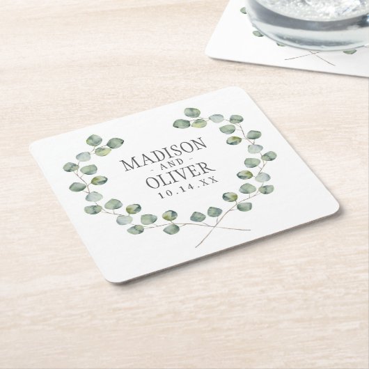 結婚する水彩画のユーカリの葉フレーム| スクエアペーパーコースター (アングル)