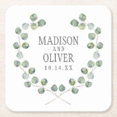結婚する水彩画のユーカリの葉フレーム| スクエアペーパーコースター (正面)