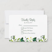 結婚する水彩画の緑の葉及び黄色い花| 出欠カード (裏面)