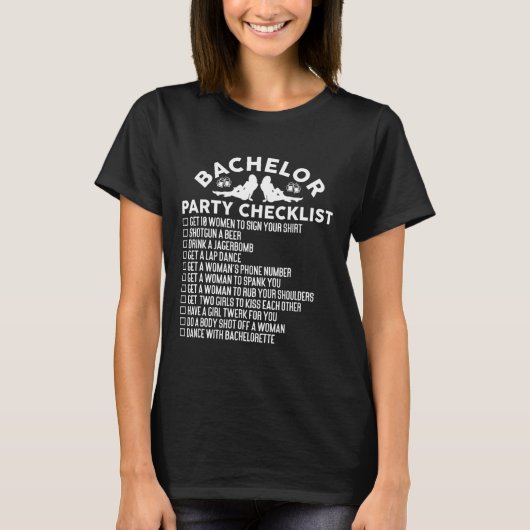 結婚する花婿 面白い独身最後の宴会 チェックリスト Tシャツ (正面)