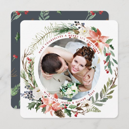 結婚と楽しいクリスマスの花輪 シーズンカード (正面/裏面)