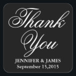結婚に感謝する白黒のスクリプトシール スクエアシール<br><div class="desc">の結婚感謝の黒と白のスクリプトのステッカスタマイズク。とパーソナライズを追加して新郎新婦の名前と結婚の日付。</div>