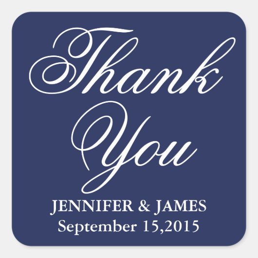 結婚に感謝する青と白のスクリプトステッカー スクエアシール (正面)