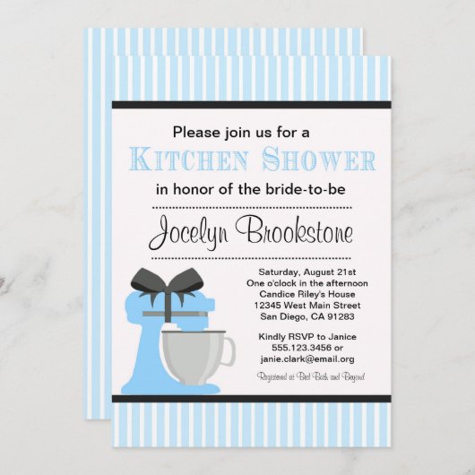 結婚のための青い台所ブライダルシャワーの招待 招待状 (正面/裏面)