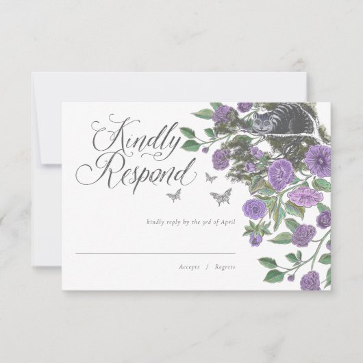 結婚のアリス、ワンダーランドチェシャーキャット&花模様 出欠カード (正面)