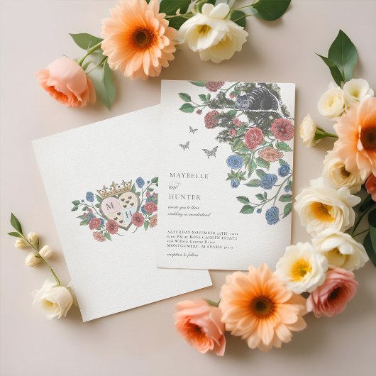 結婚のアリス、ワンダーランドチェシャーキャット&花模様 招待状